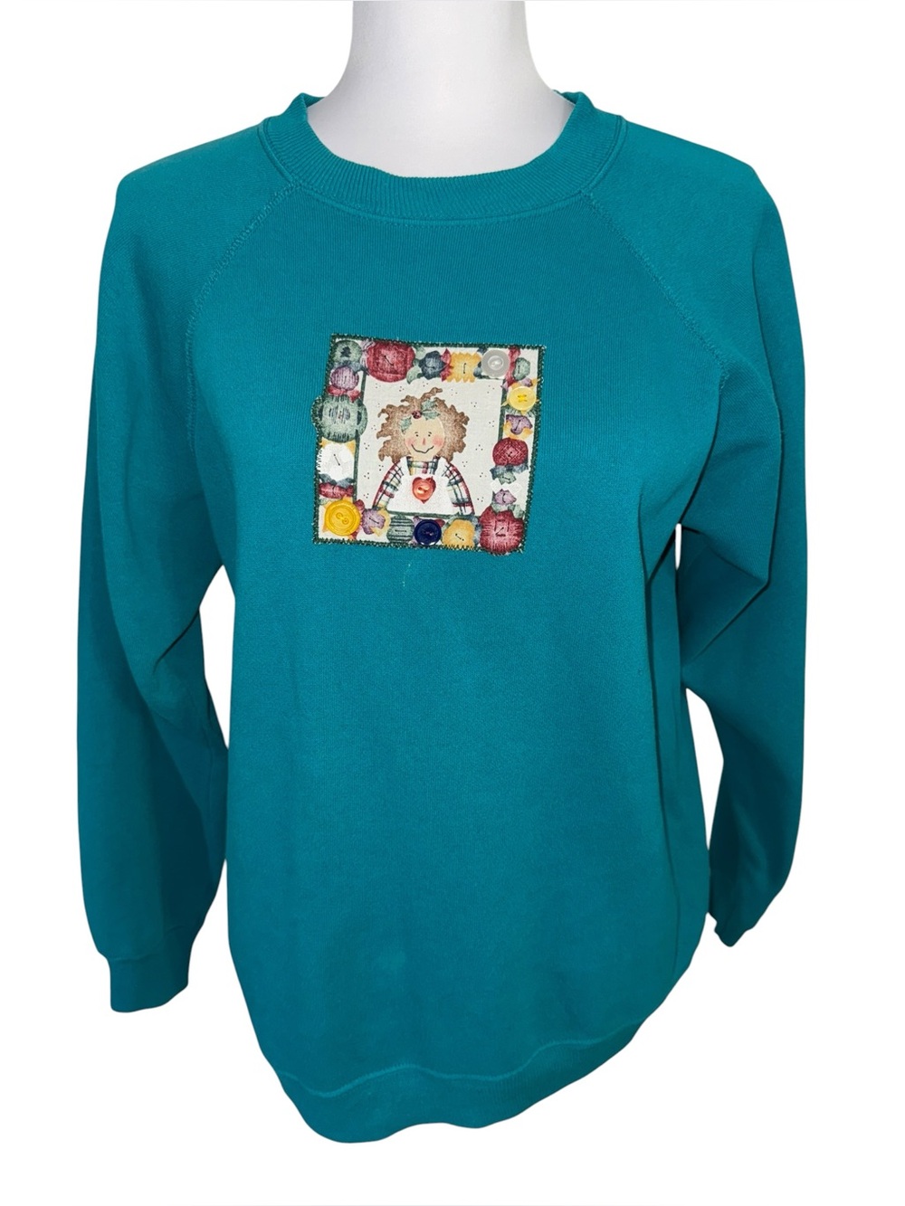Hanes Her Way L Teal Raglan Sweatshirt Button Folk Art Patch USA Vintage
